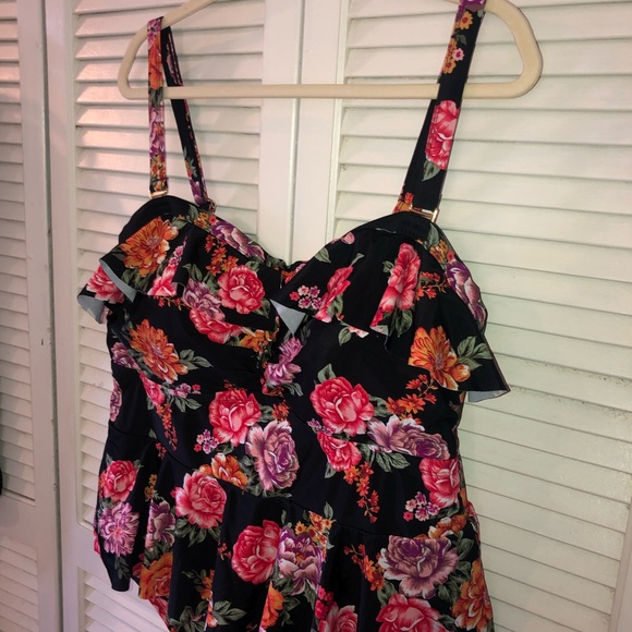 Terra & Sky one piece swimsuit. Black With floral design in pink. - Picture 2 of 7